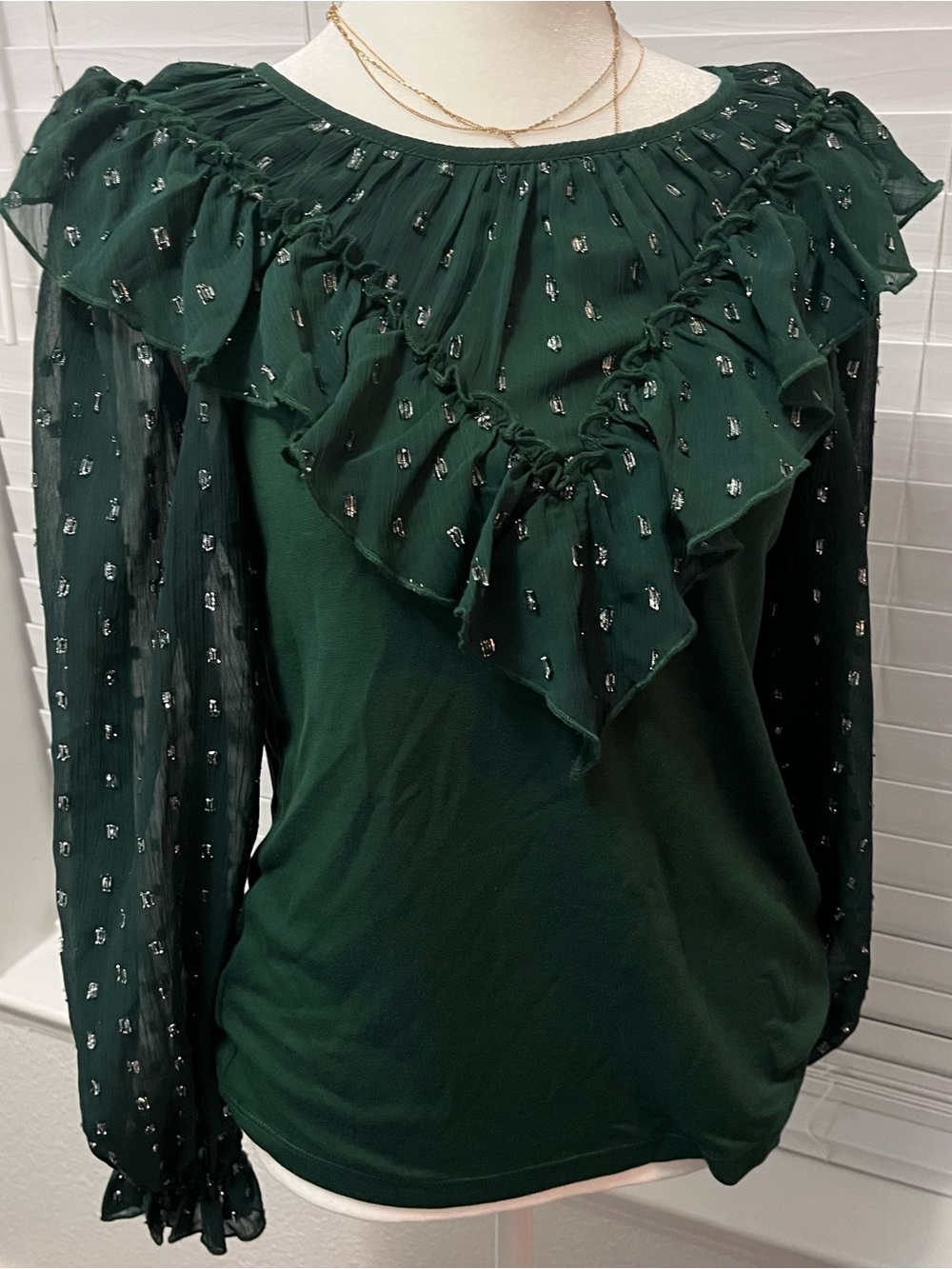 LOFT Dark Green Ruffle Blouse with Metallic Dot Sheer Sleeves